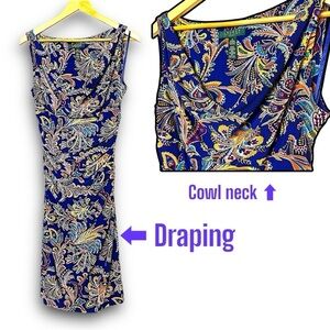 Lauren Ralph Lauren Paisley Print Cowl Neck Royal Blue Midi Dress Size 8